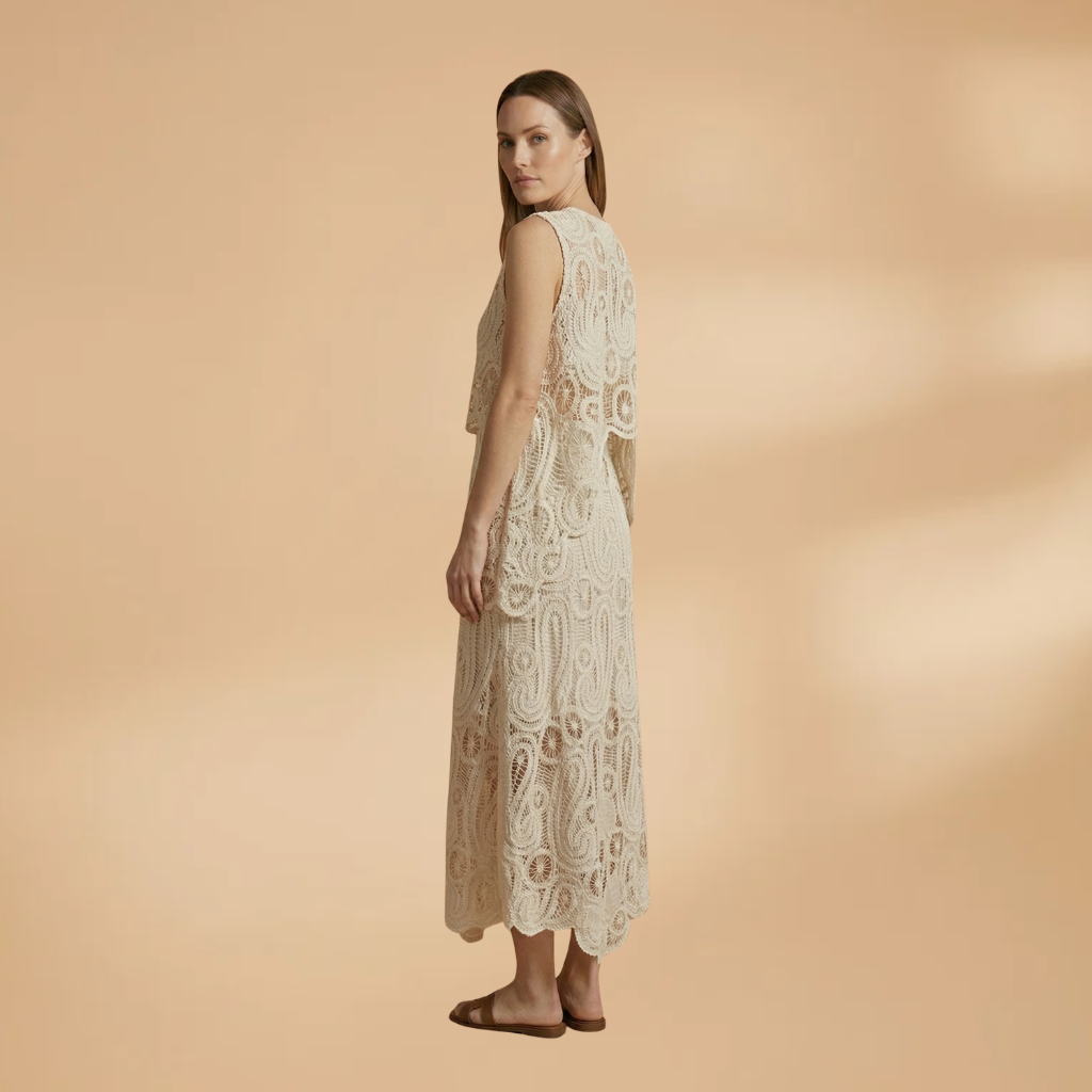 Crochet Sleeveless Tank and Skirt Set with Side Slits and Boat Neck for Women