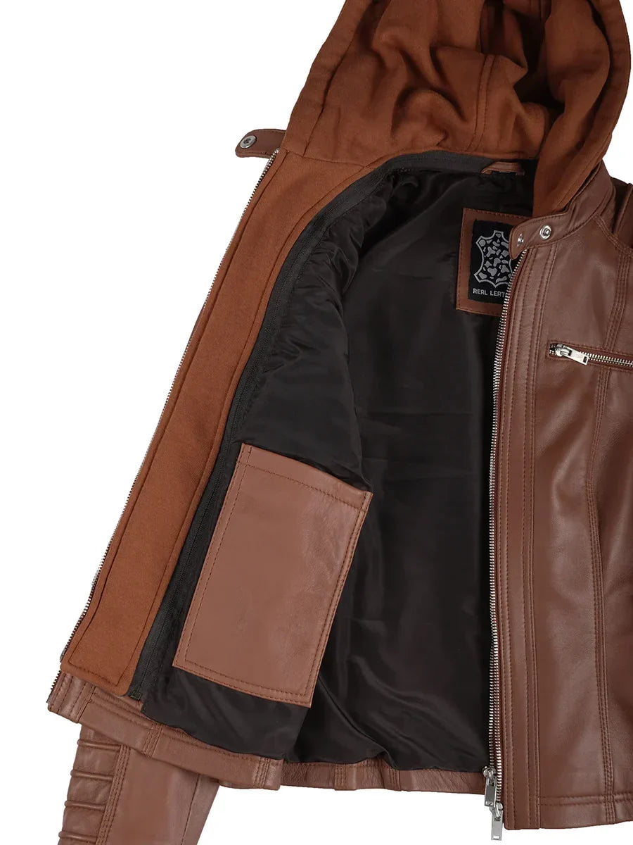 Women's Cognac Brown Leather Jacket with Detachable Hood