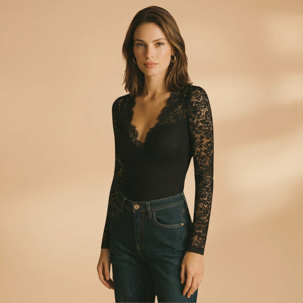 Lace Bodysuit with Deep V-Neck and Fitted Design for Women