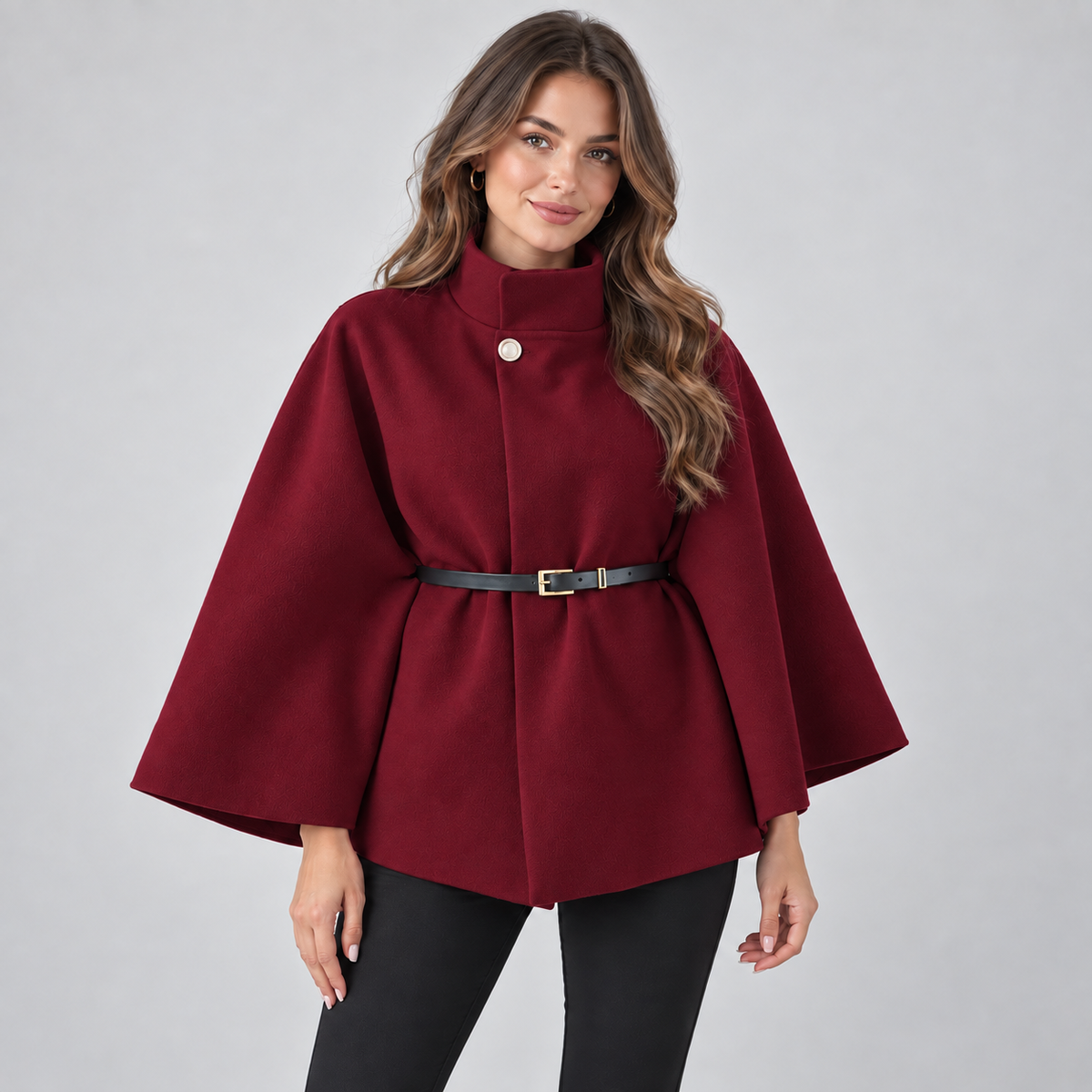 Optew Women's Cape Coat – Belted High-Neck