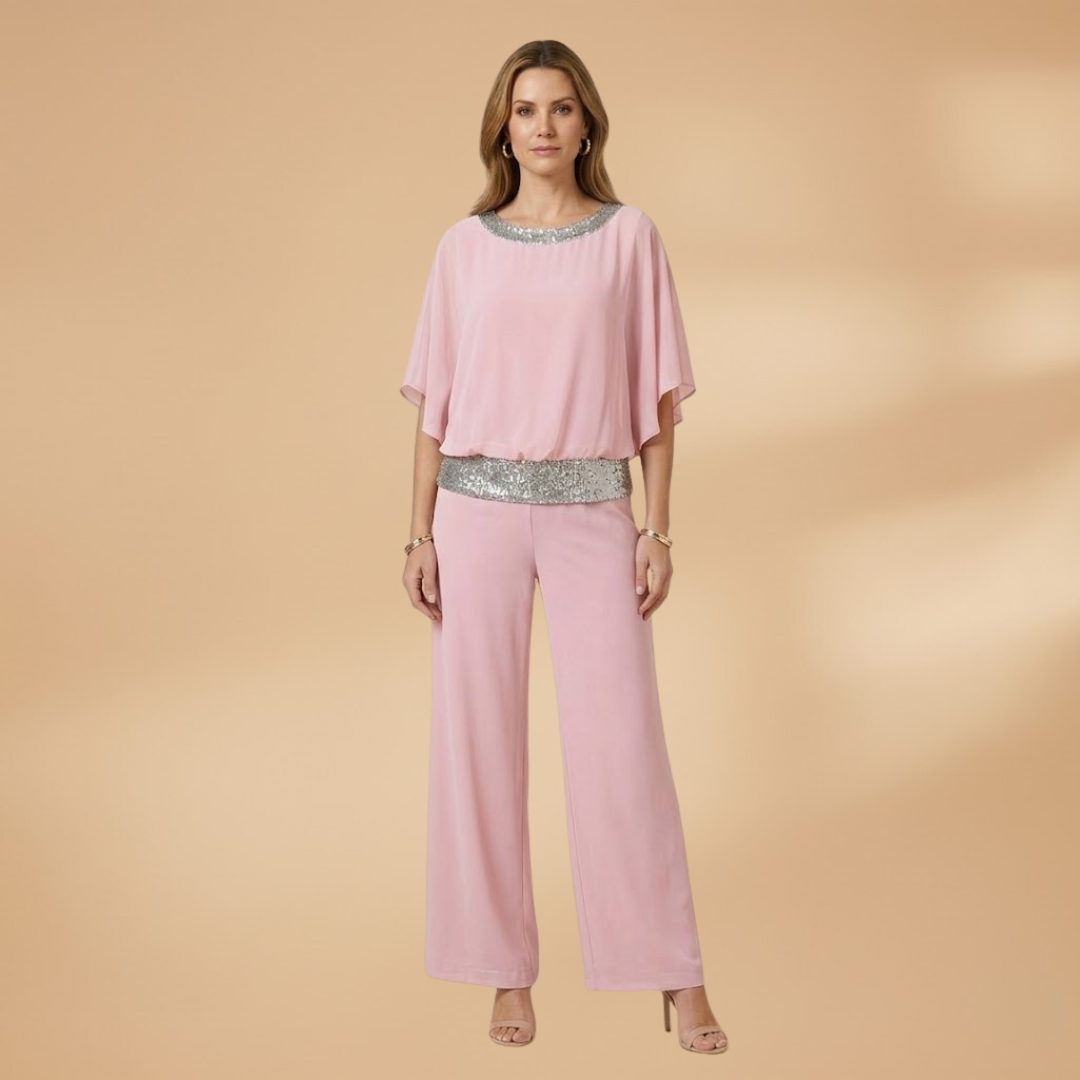 Elegant Two-Piece Set with Embellished Top and Wide-Leg Trousers for Women
