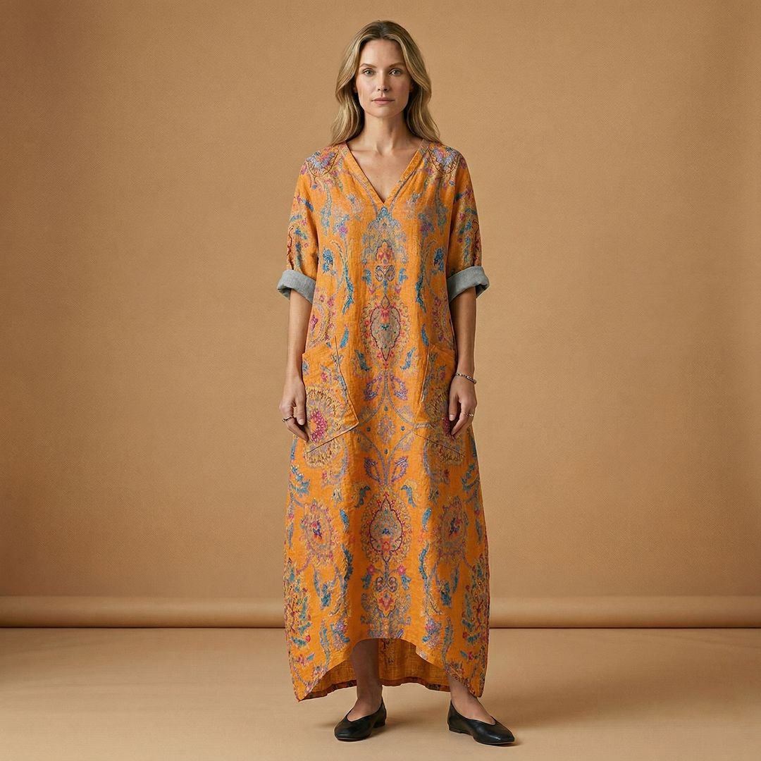 Maxi Dress with Subtle Embroidery and Practical Pockets for Women