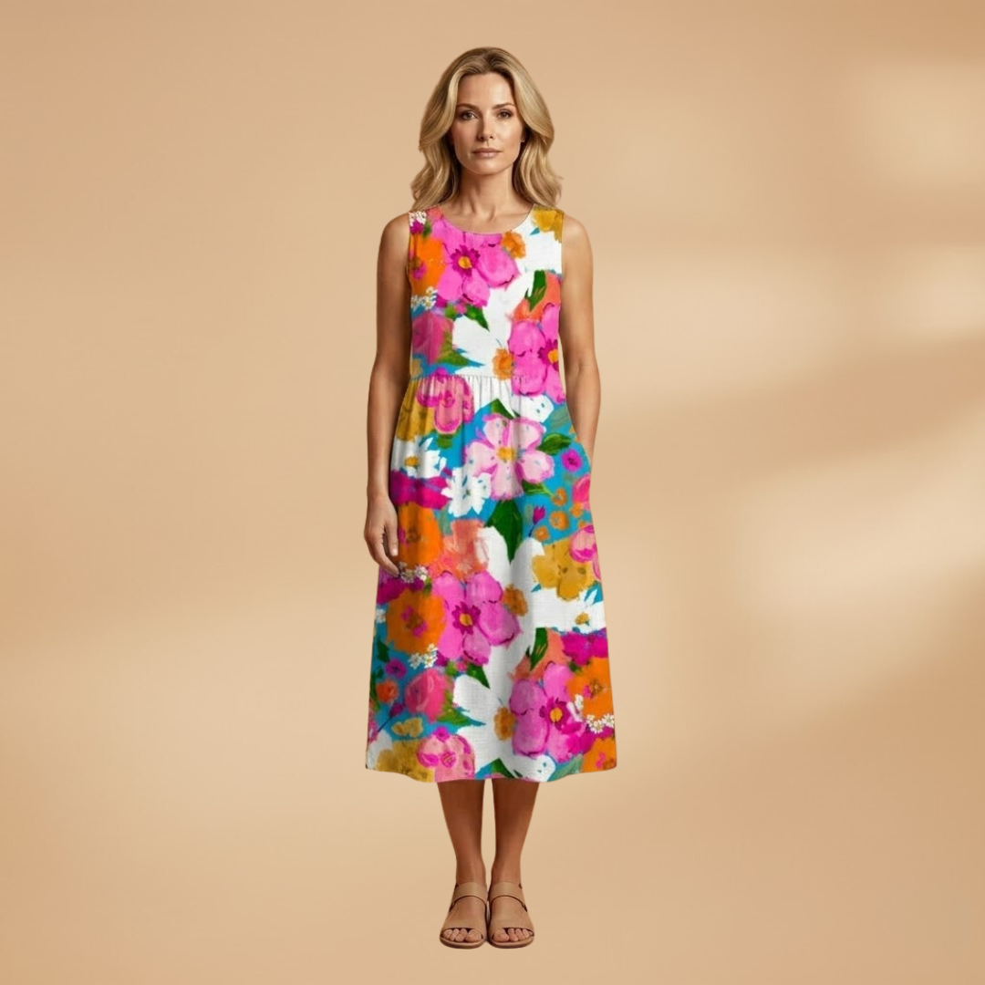 Midi Dress with Floral Print and Relaxed Fit for Women