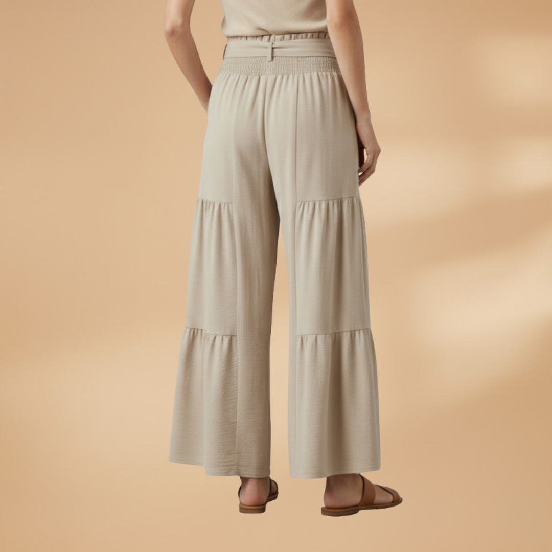 Palazzo Trousers with Waist Belt and Ruffle Hem for Women