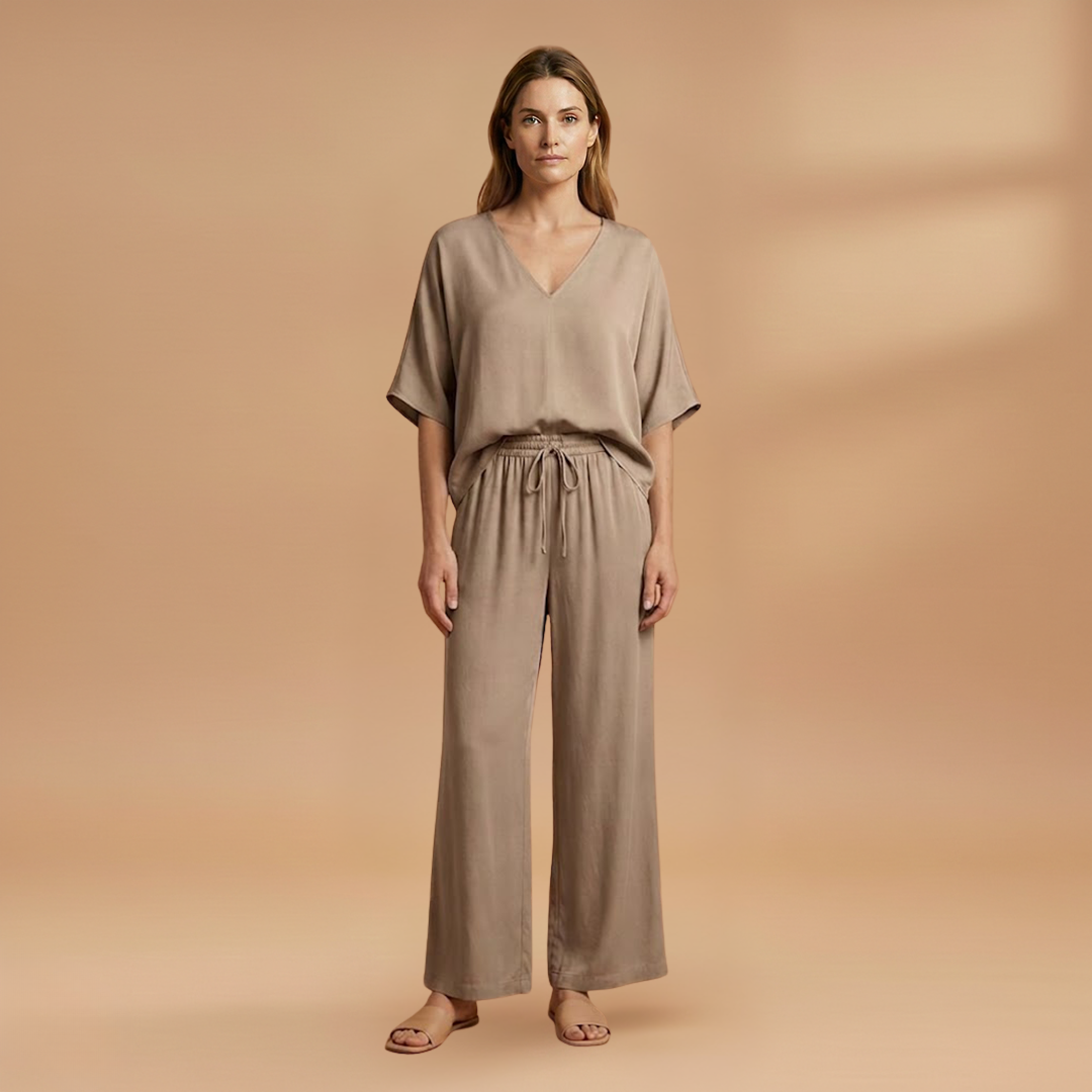 Two-Piece Set with V-Neck and Wide-Leg Pants for Women