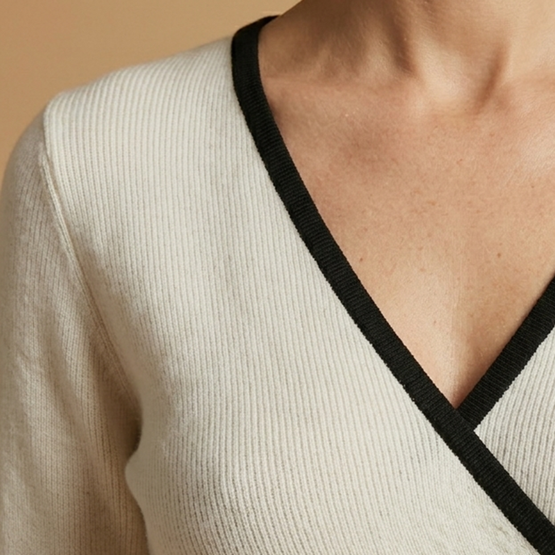 Wrap Knit Top with V-Neck and Contrasting Trim for Women