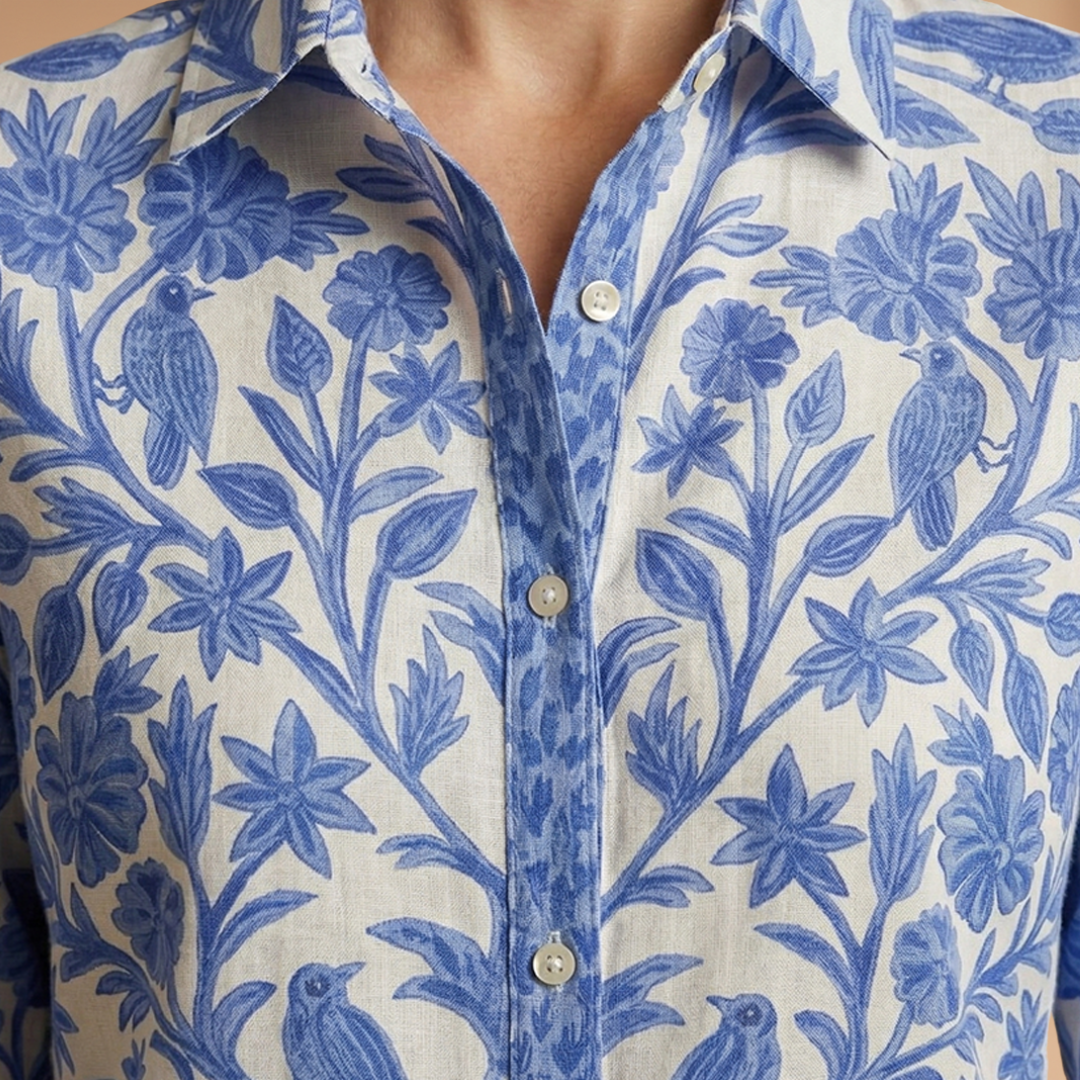 Blouse with Floral and Bird Motif and Lightweight Fabric for Women