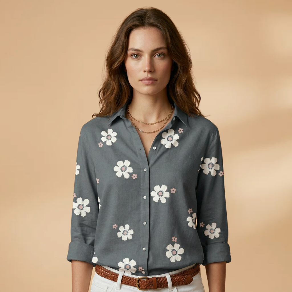 Floral Blouse with Shirt Collar and Button Closure for Women