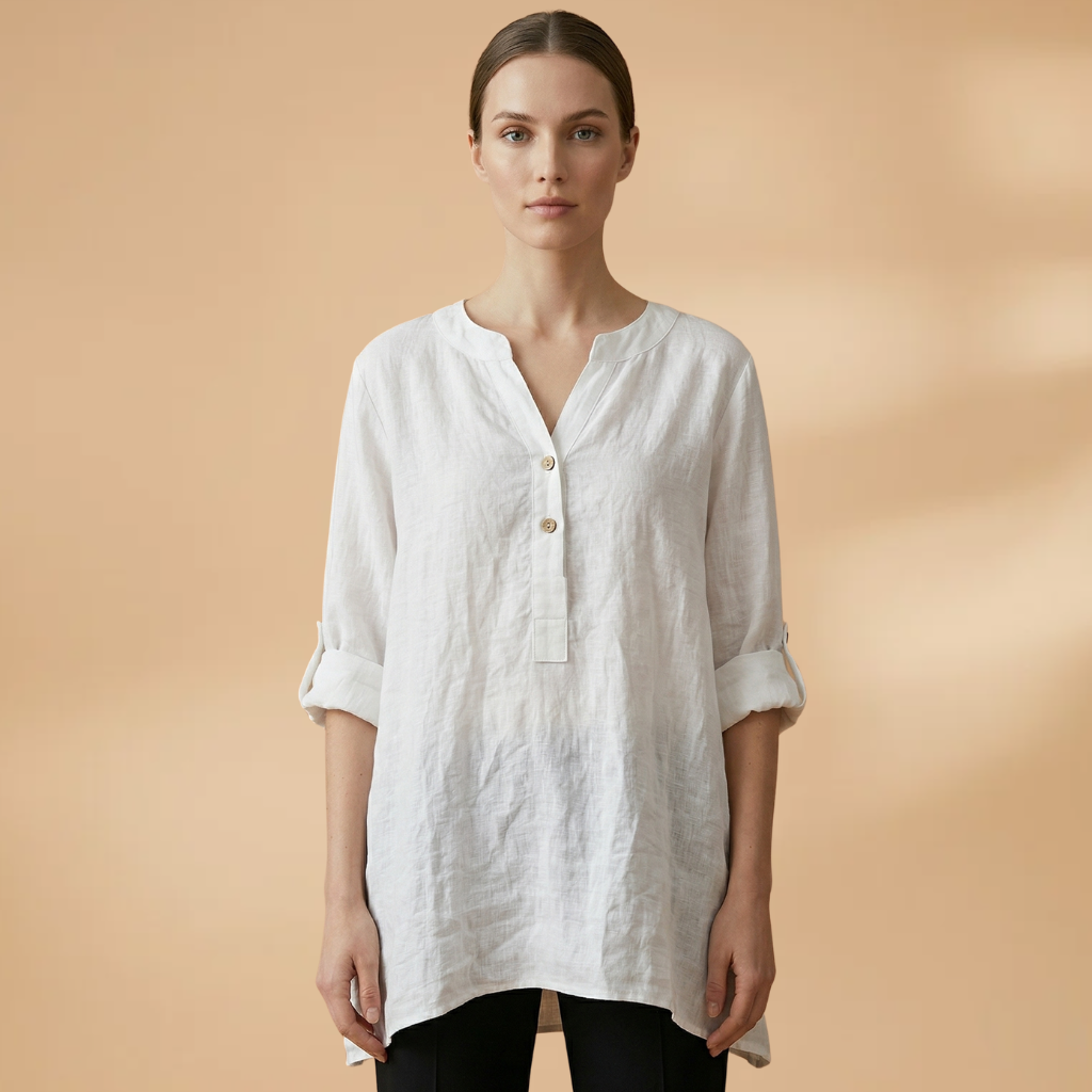 Linen Blouse with V-Neck and Rollable Sleeves for Women