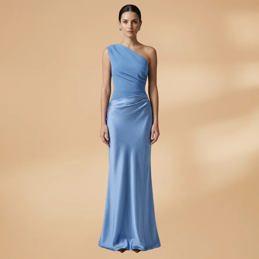 Maxi Dress with Asymmetric Neckline and Pleated Surface for Women