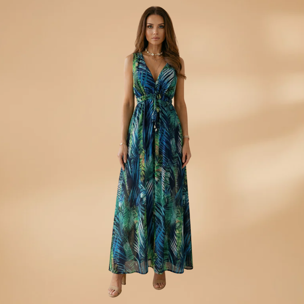 Maxi Dress with Tropical Print and V-Neckline for Women