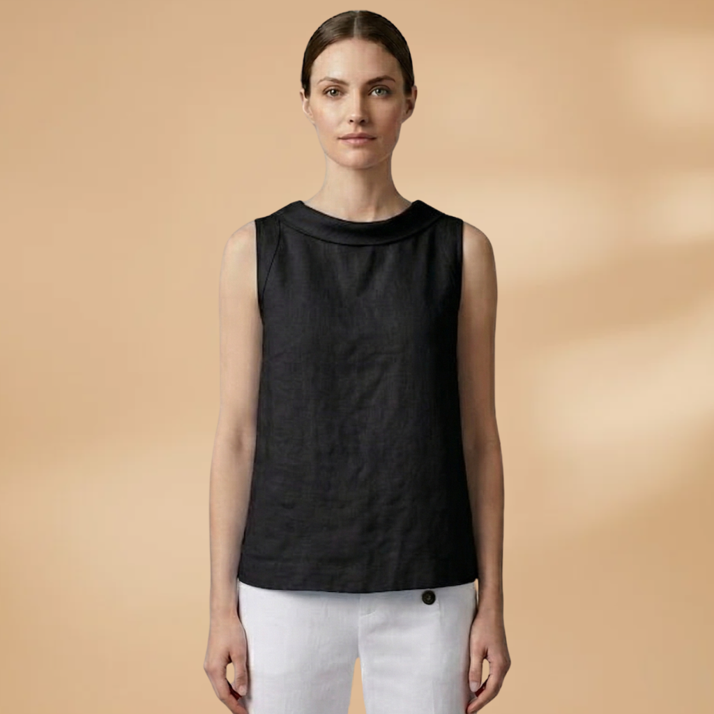 Sleeveless Top with Rolled Neckline and Woven Surface for Women