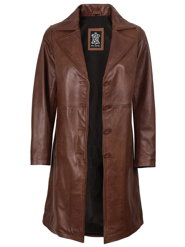 Women's Cognac Brown 3/4-Length Real Leather Coat