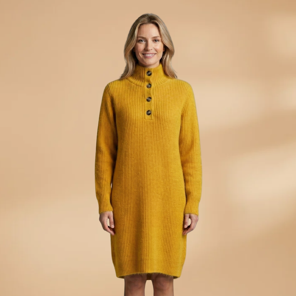Midi Dress with Button Collar and Straight Cut for Women