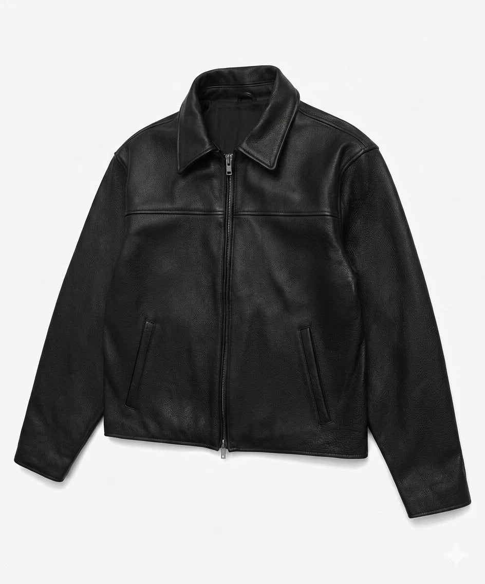 Men’s Black Sheep Leather Zip-Up Jacket – Classic Minimalist Bomber Biker Style