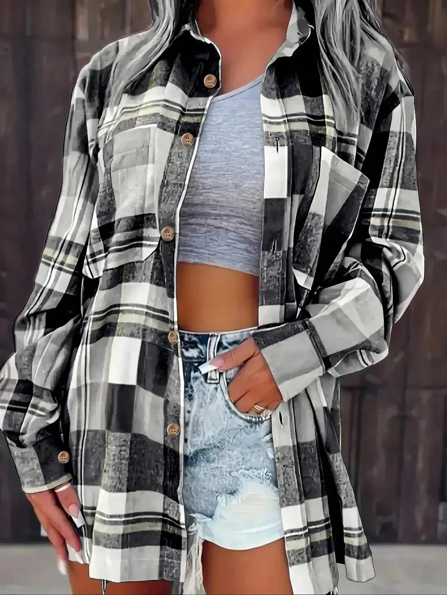 Women's Long Sleeve Shirt | Oversized Plaid Button Front