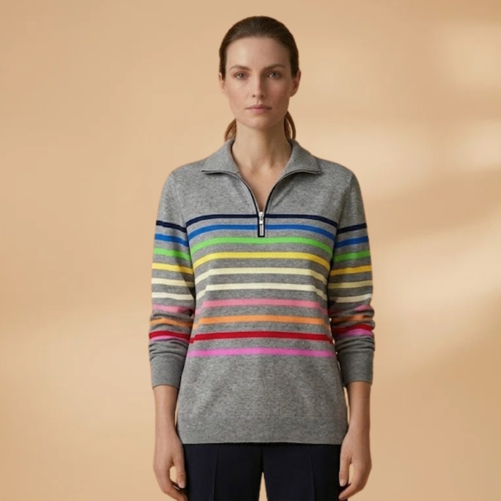 Cotton-Blend Sweatshirt with Half-Zip and Vibrant Stripes for Women