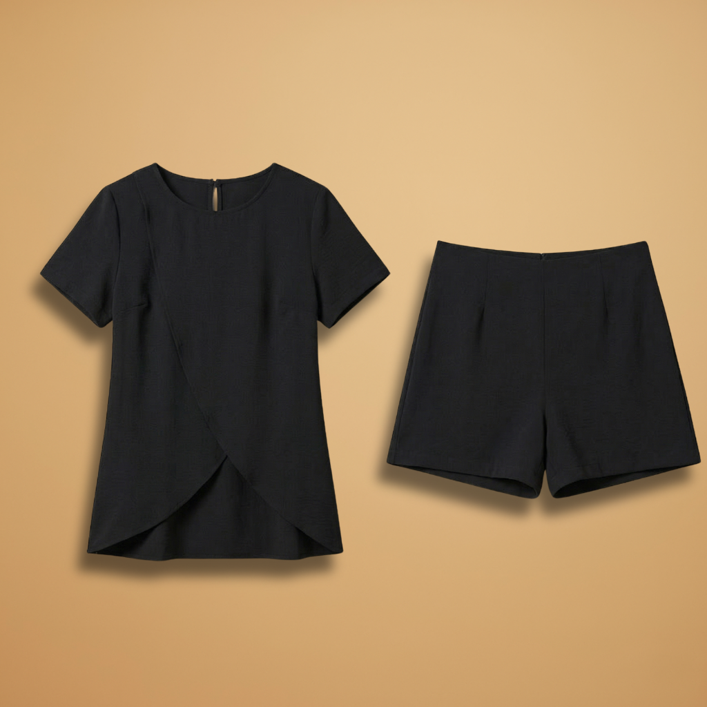 Two-piece women's set with crossover top and matching shorts