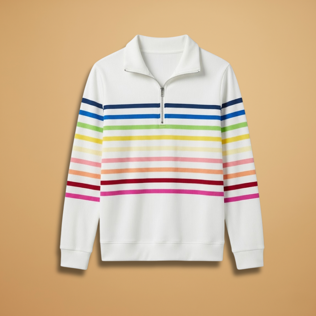 Cotton-Blend Sweatshirt with Half-Zip and Vibrant Stripes for Women