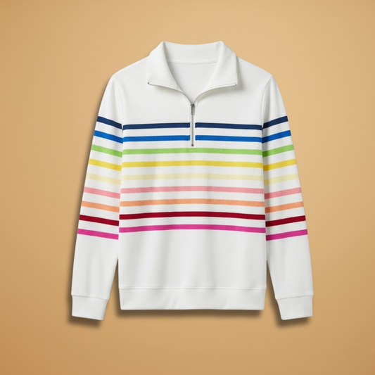 Cotton-Blend Sweatshirt with Half-Zip and Vibrant Stripes for Women