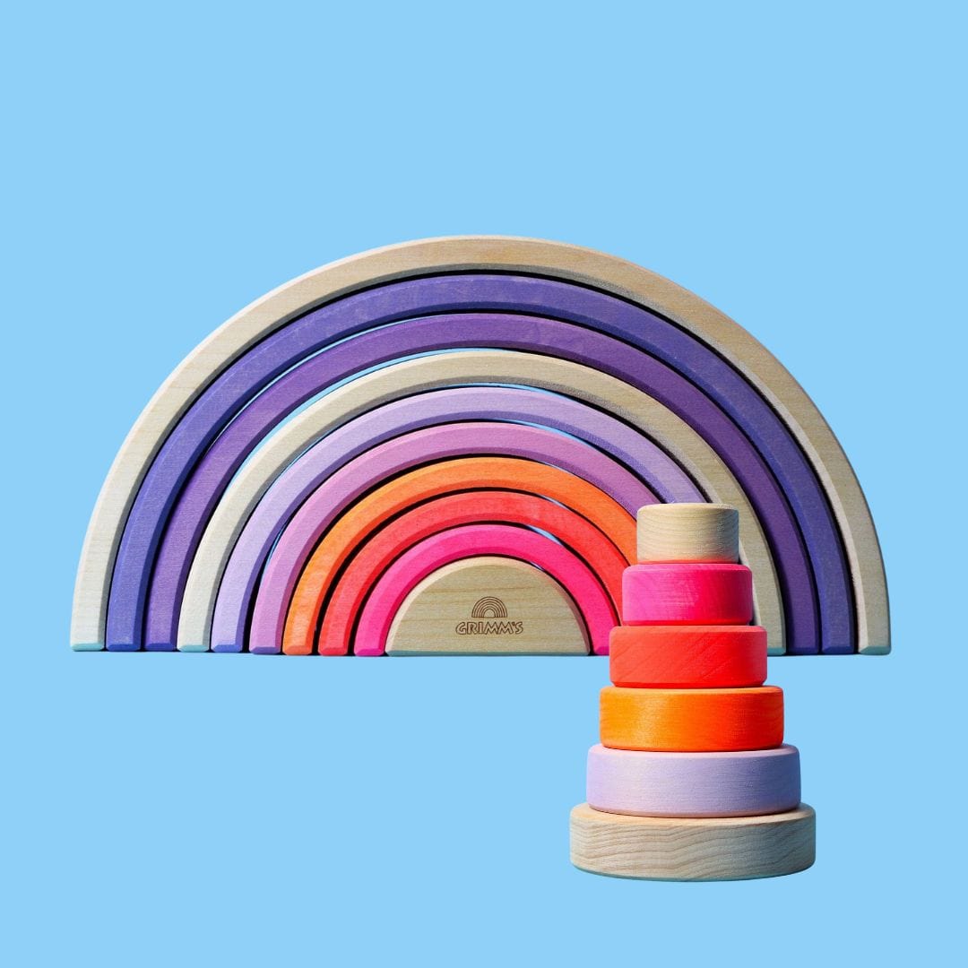 Grimm's Rainbow Neon Pink 10 Piece Small Conical Tower Neon Pink Wooden Play Set