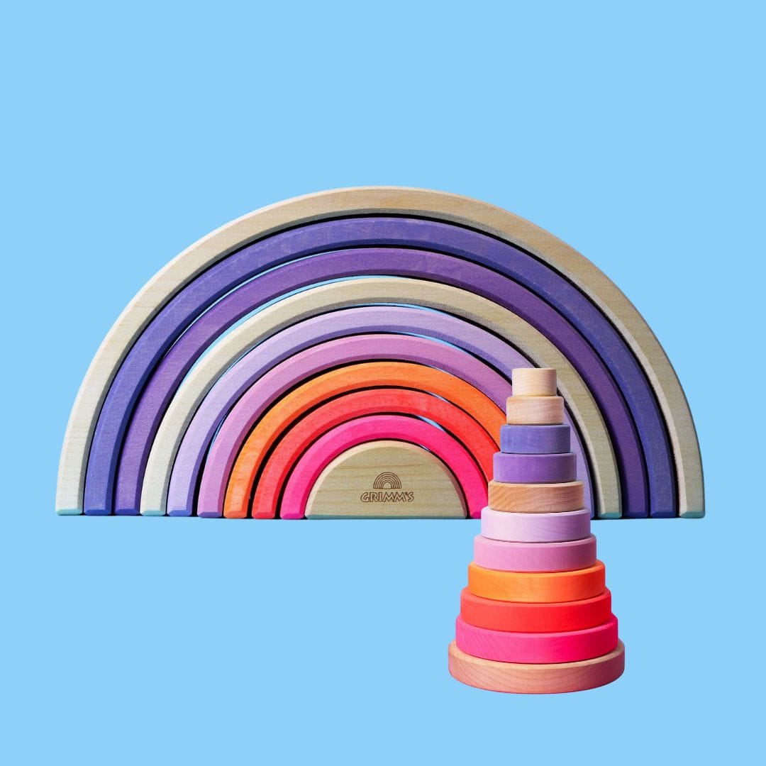 Grimm's Rainbow Neon Pink 10 Piece Conical Tower Neon Pink Wooden Play Set