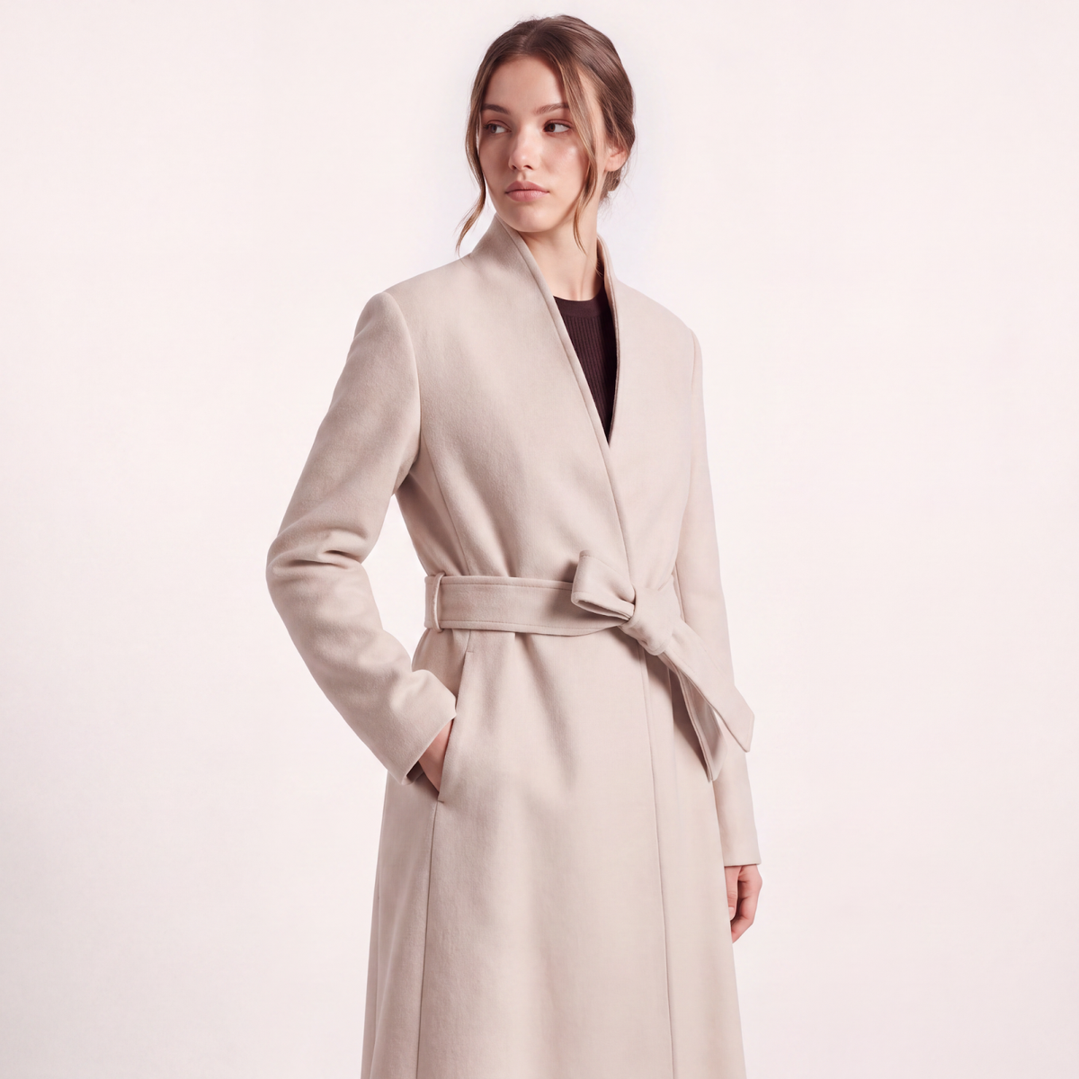 Victoria High-Neck Tailored Wool Coat with Flared Skirt - Oatmeal