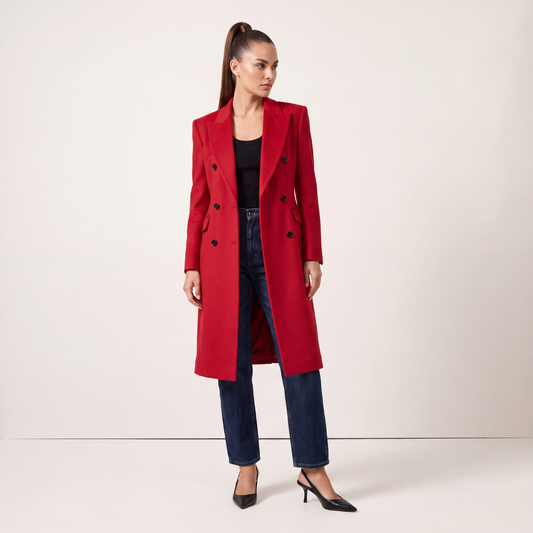 Red Double-Breasted Wool Blend Statement Coat with Power Shoulders