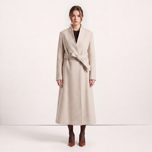 Victoria High-Neck Tailored Wool Coat with Flared Skirt - Oatmeal