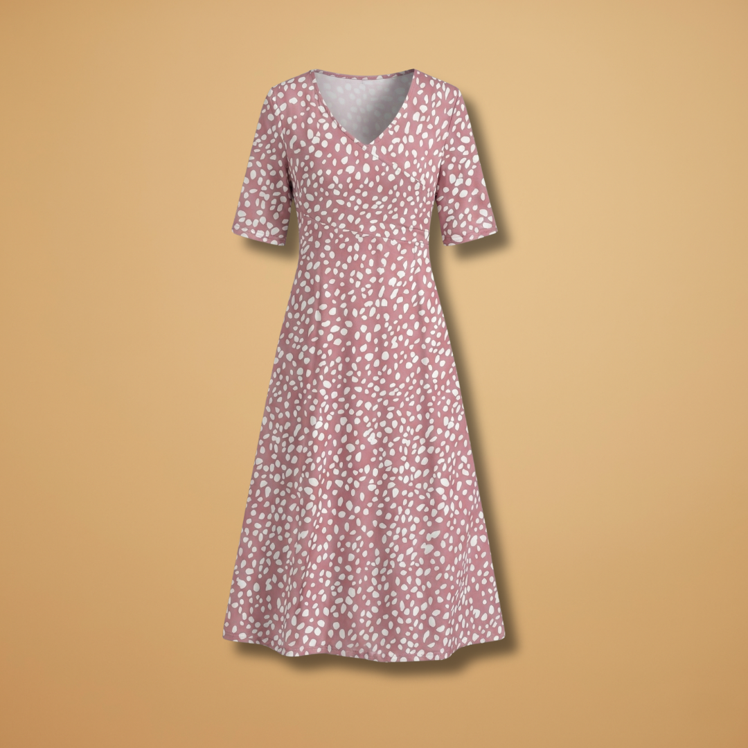 Midi Dress with Polka Dot Print and V-Neckline for Women
