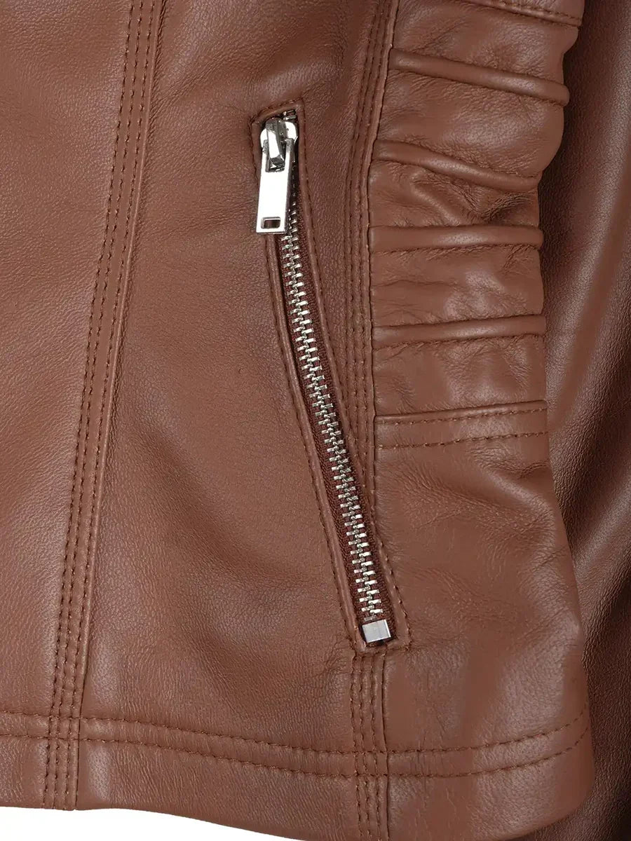 Women's Cognac Brown Leather Jacket with Detachable Hood