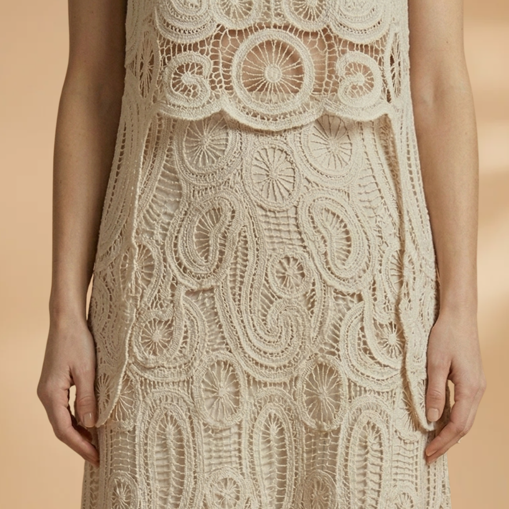 Crochet Sleeveless Tank and Skirt Set with Side Slits and Boat Neck for Women