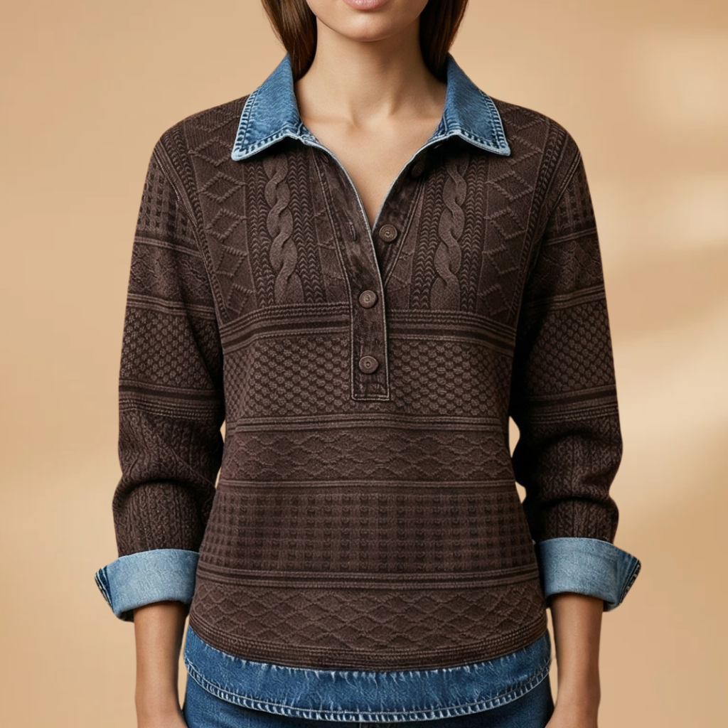 Sweatshirt with Lapel Collar and Braided Texture for Women