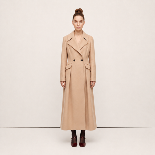 Pleated A-Line Maxi Coat in Luxury Wool Blend