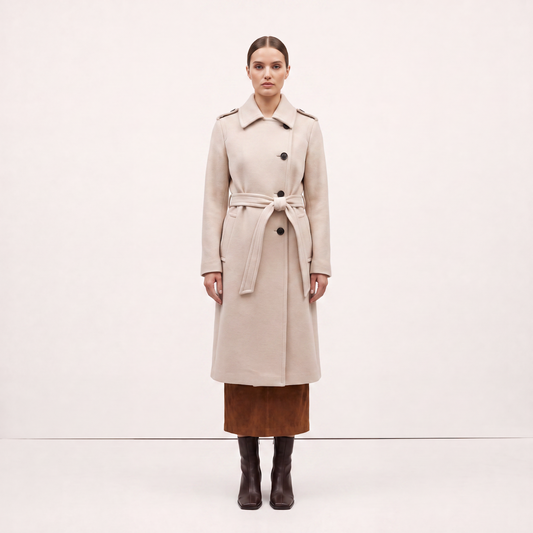 Vellum Wool-Rich Belted Midi Coat - Cream / Ecru