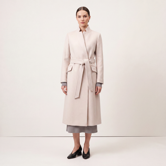 Wool-Blend High-Collar Midi Wrap Coat with Belt