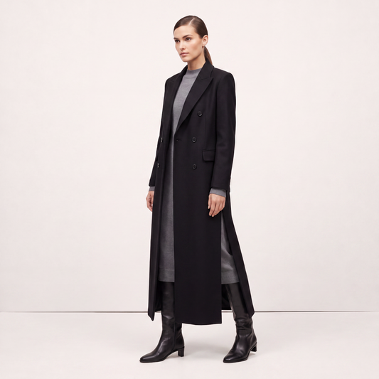 Women's Double-Breasted Wool-Rich Maxi Coat with High Side Slits