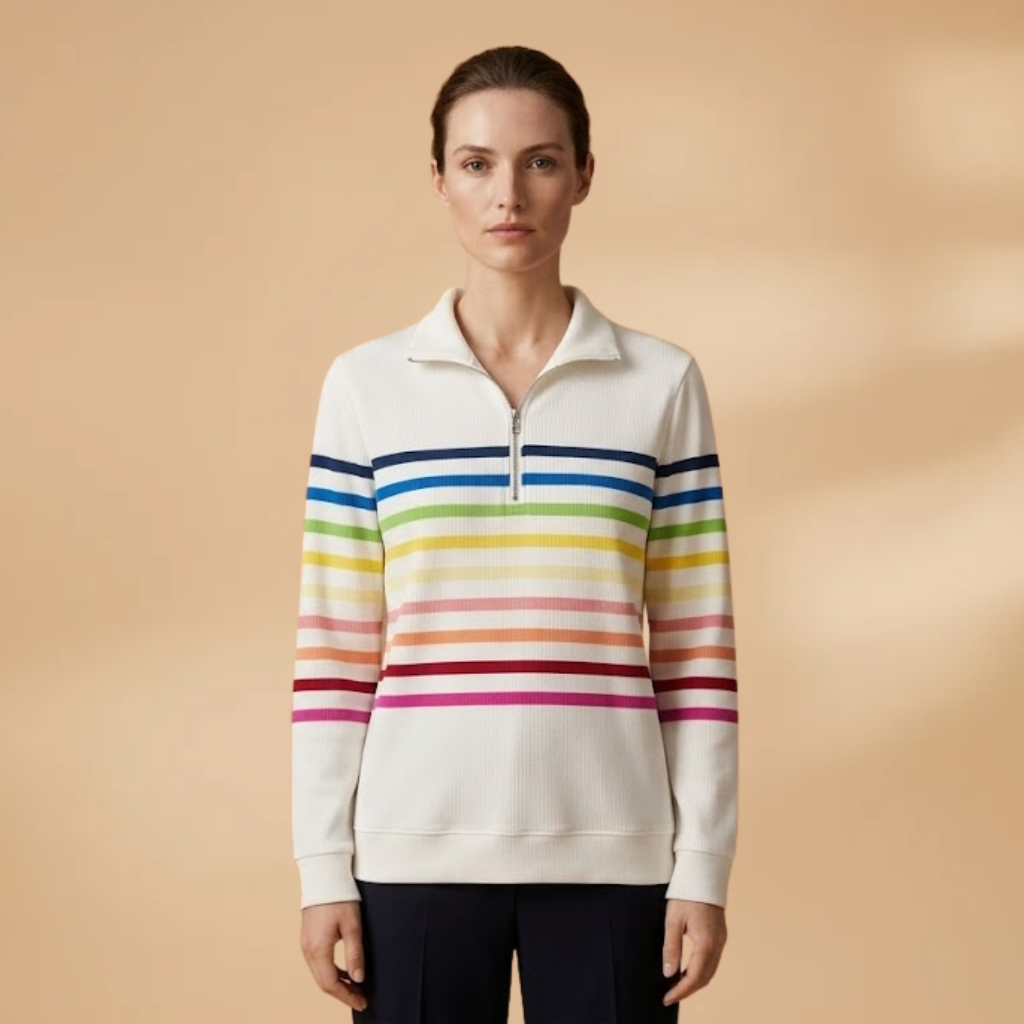 Cotton-Blend Sweatshirt with Half-Zip and Vibrant Stripes for Women
