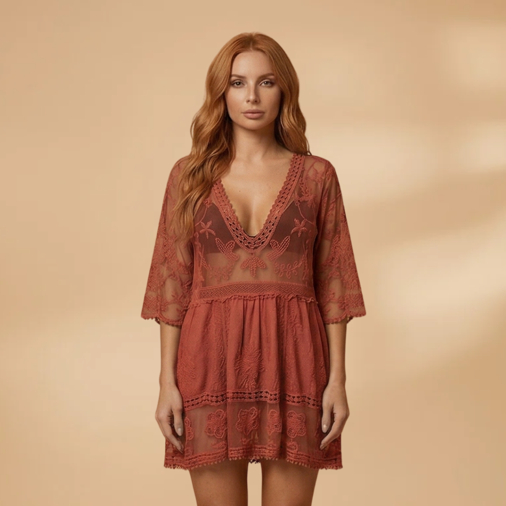Midi Dress Beach Cover-Up Dress with Lace Detailing and Loose Fit for Women