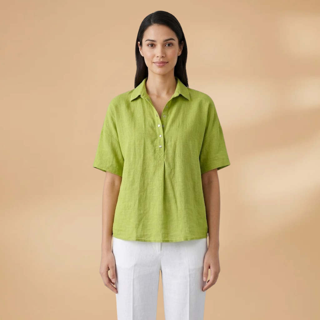 Linen-Style Blouse with Collar and Button Placket for Women