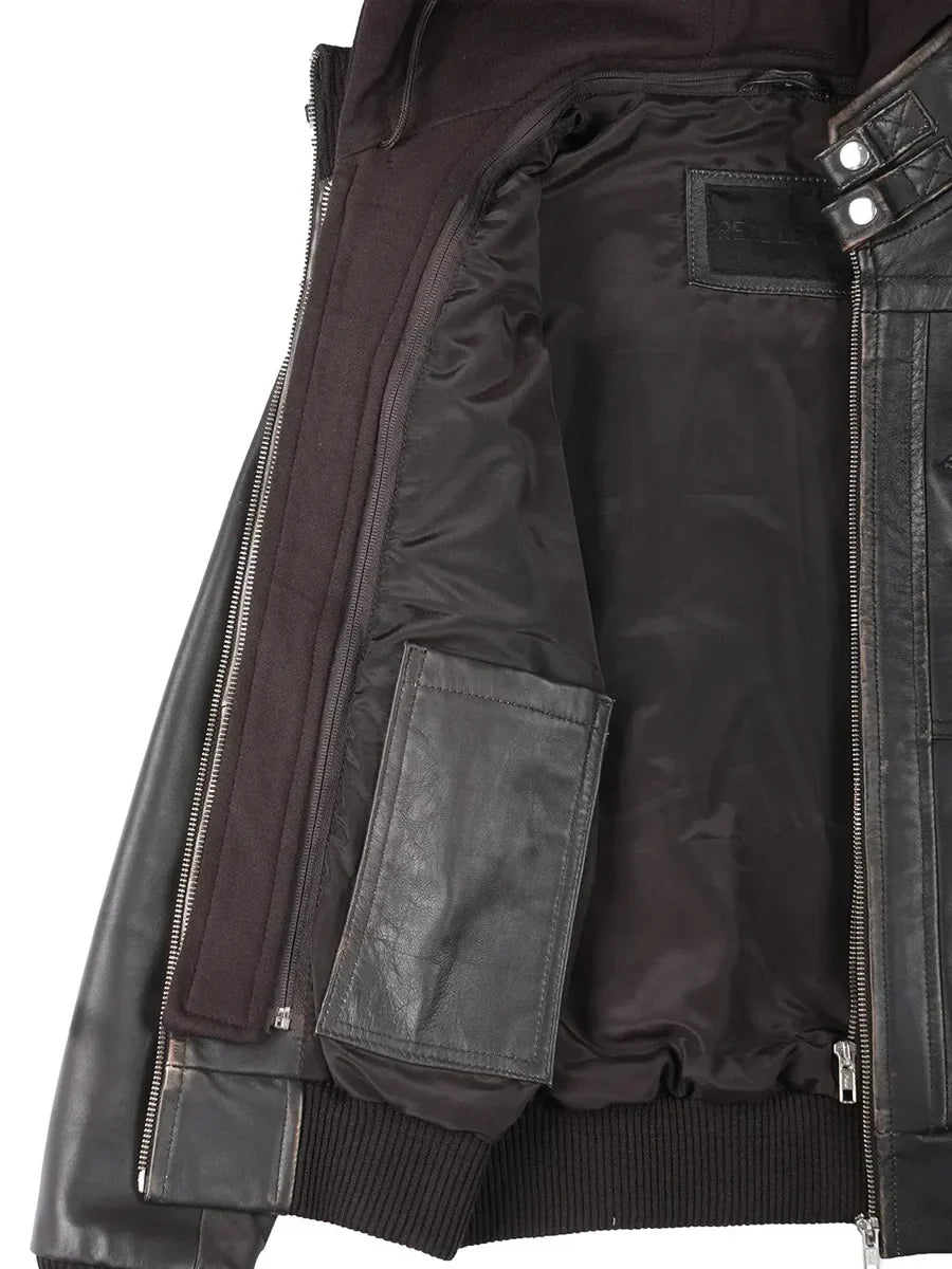 Women's Dark Brown Rub-Off Leather Jacket with Detachable Hood