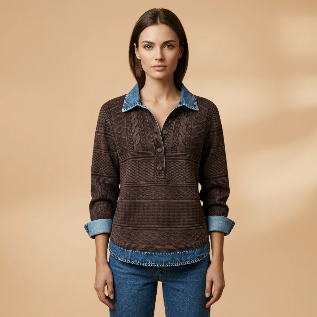 Sweatshirt with Lapel Collar and Braided Texture for Women