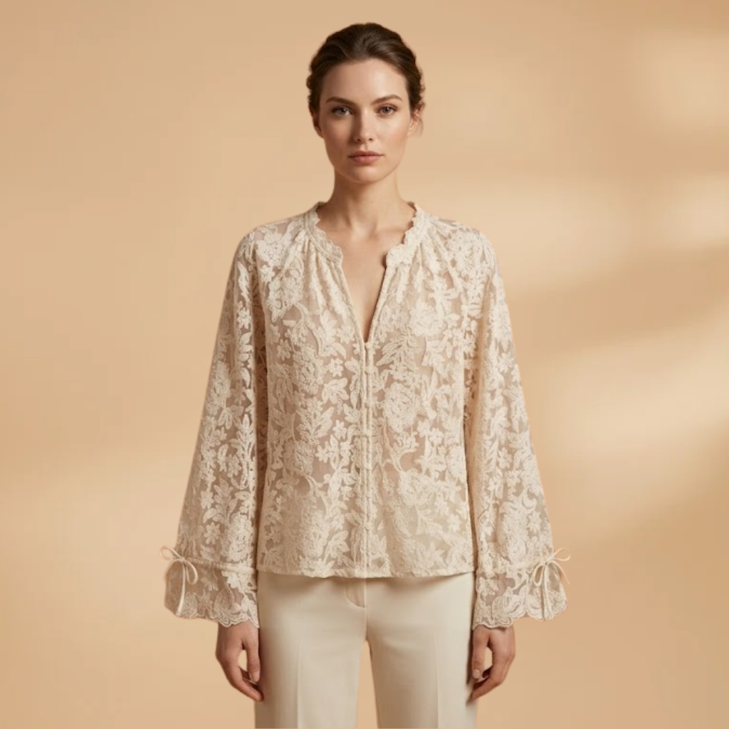 Floral Embroidered V-Neck Blouse with Bell Sleeves and Lightweight Fabric for Women