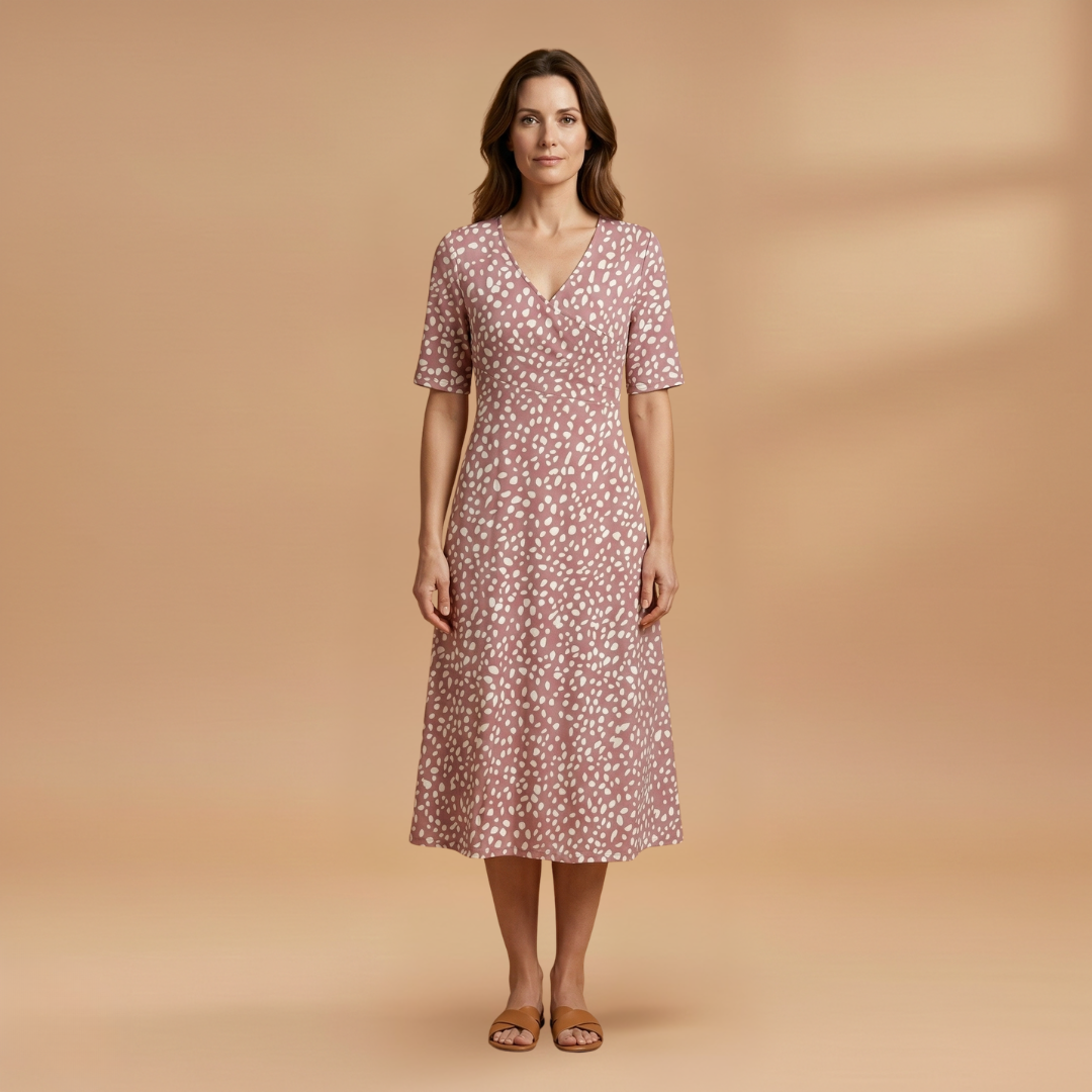 Midi Dress with Polka Dot Print and V-Neckline for Women