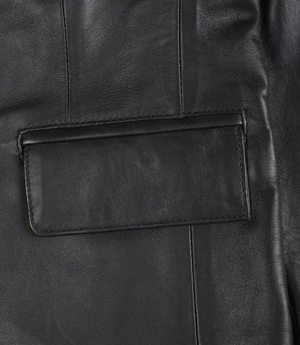Women's Black Two-Button Leather Blazer Jacket with Notch Lapel