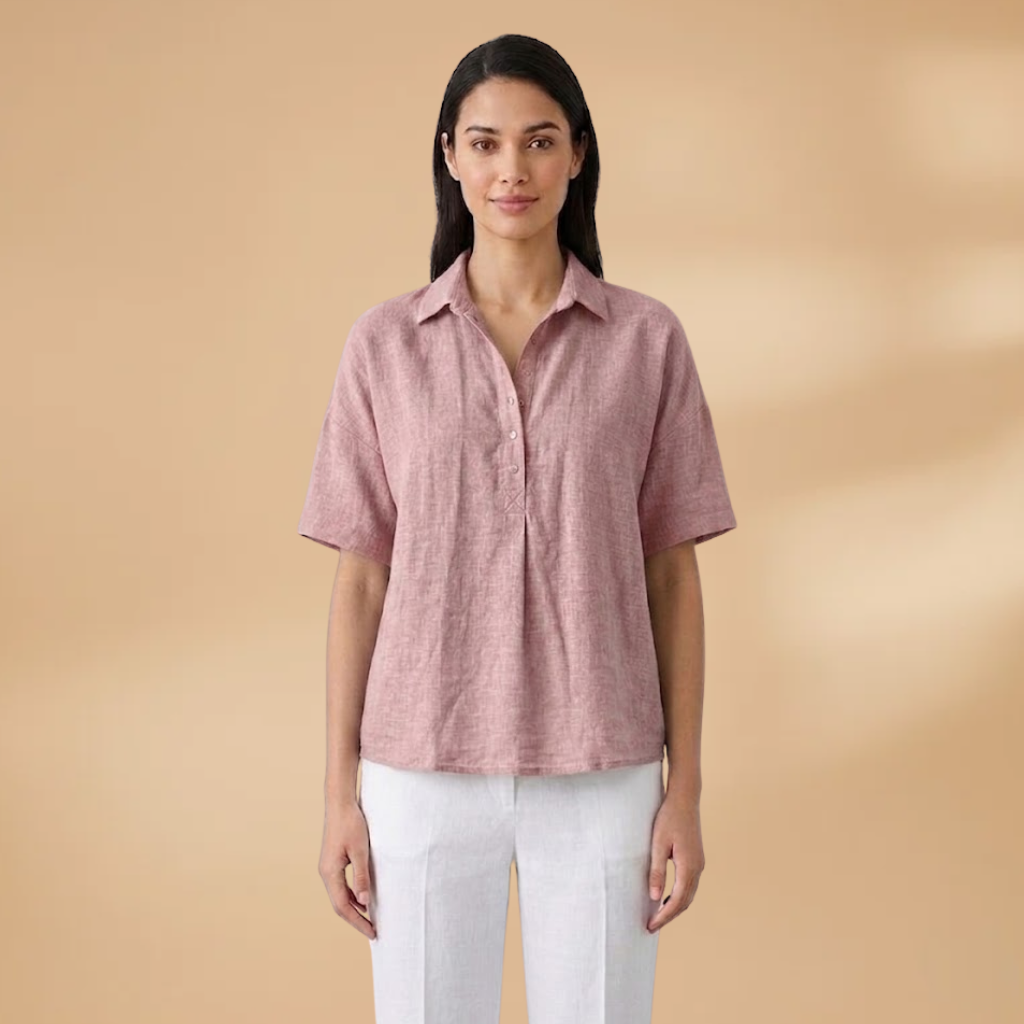 Linen-Style Blouse with Collar and Button Placket for Women