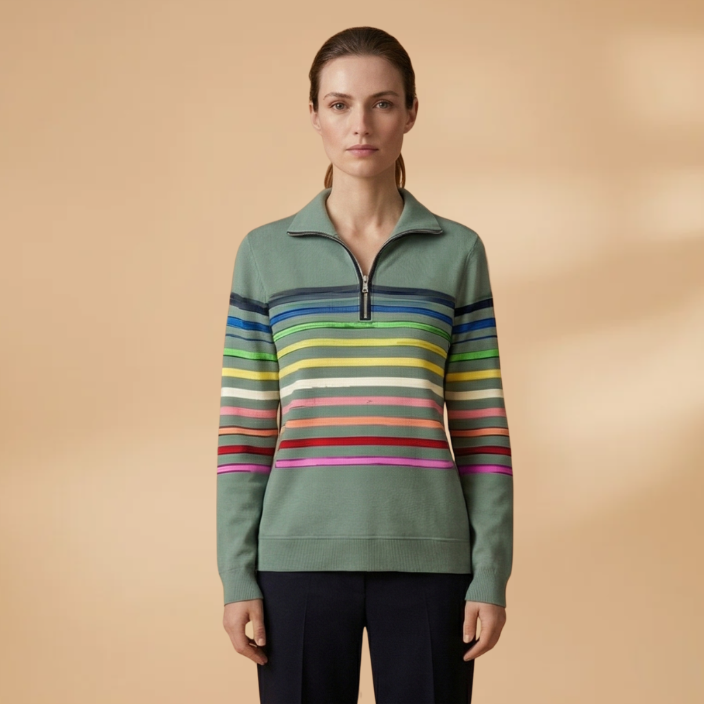 Cotton-Blend Sweatshirt with Half-Zip and Vibrant Stripes for Women