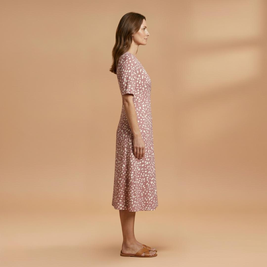 Midi Dress with Polka Dot Print and V-Neckline for Women