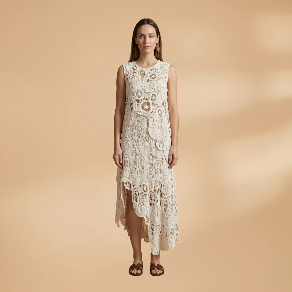 Crochet Sleeveless Tank and Skirt Set with Side Slits and Boat Neck for Women