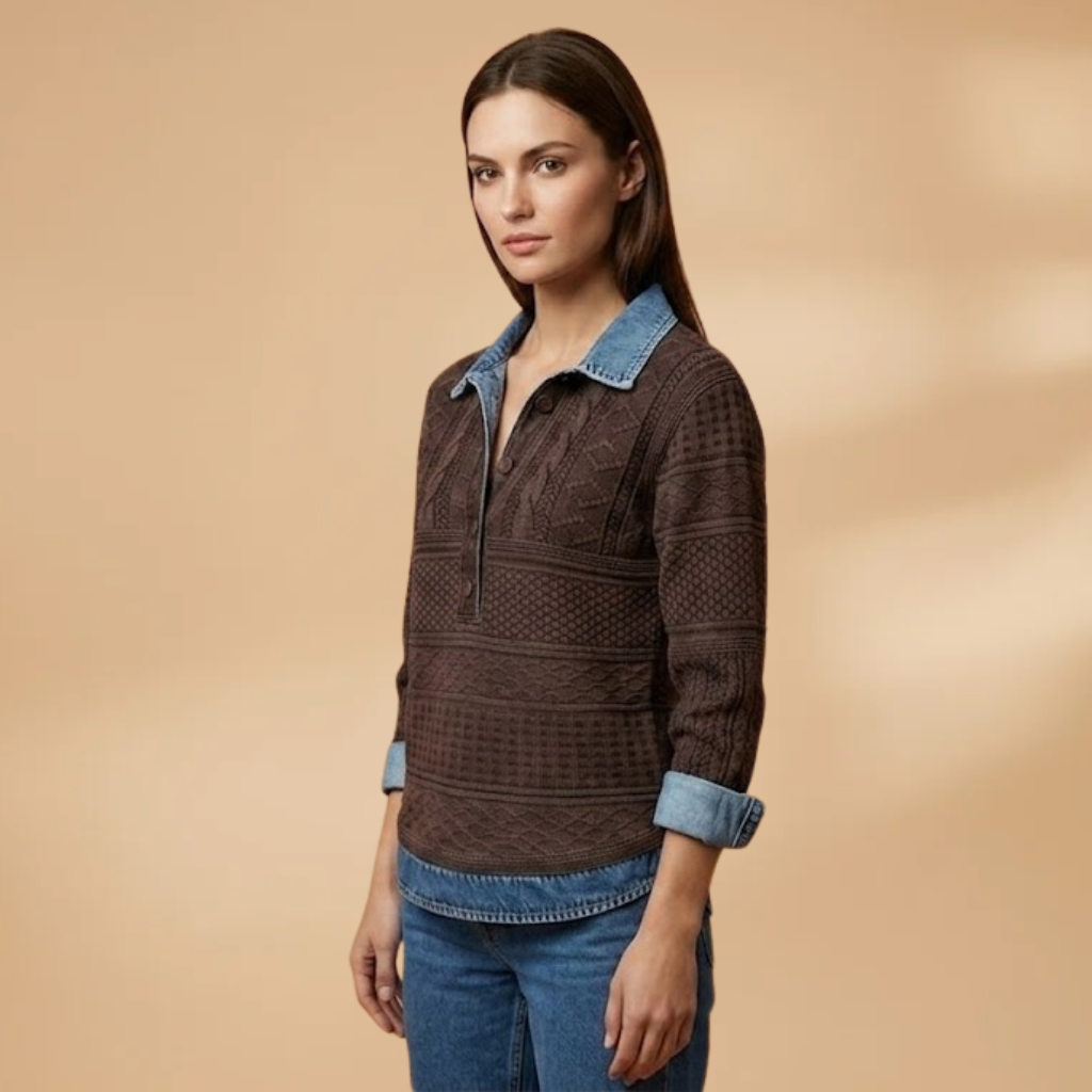 Sweatshirt with Lapel Collar and Braided Texture for Women